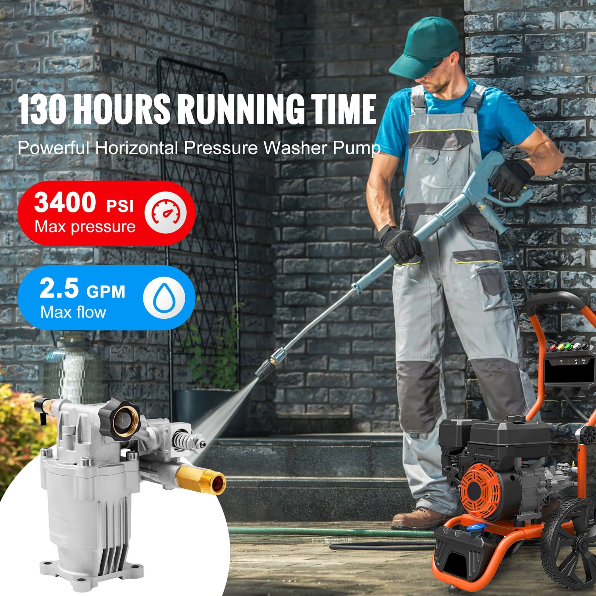 Pressure Washer Pump 2500-3400 PSI, 2.5 GPM, SAE Bolt Pattern, Maintenance-Free, Horizontal Replacement Pump for Gas Pressure Washer