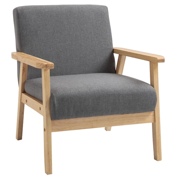 Grey Linen Accent Chair with Wooden Frame | Comfortable Armchair for Bedroom, Office & Living Room - 25.5" Wide Seat