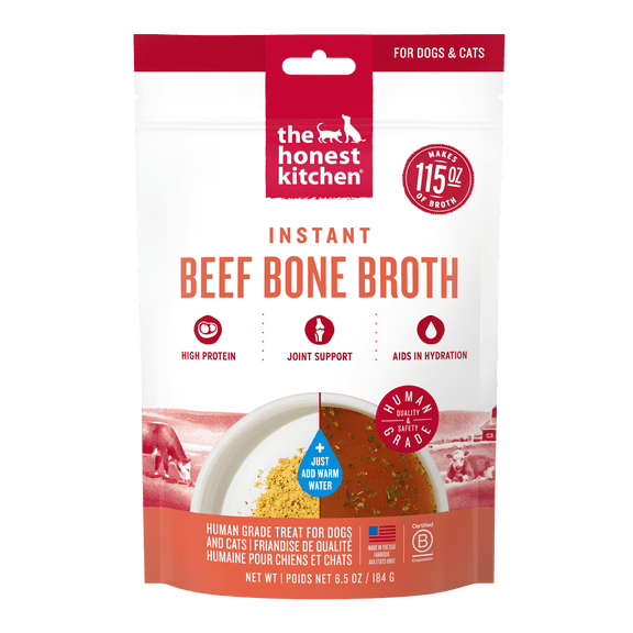 The Honest Kitchen Instant Beef Bone Broth for Dogs & Cats with Turmeric, Human Grade Pet Food Topper, Hydration Supplement, Digestive & Joint Support, 6.5 oz Makes 115 oz