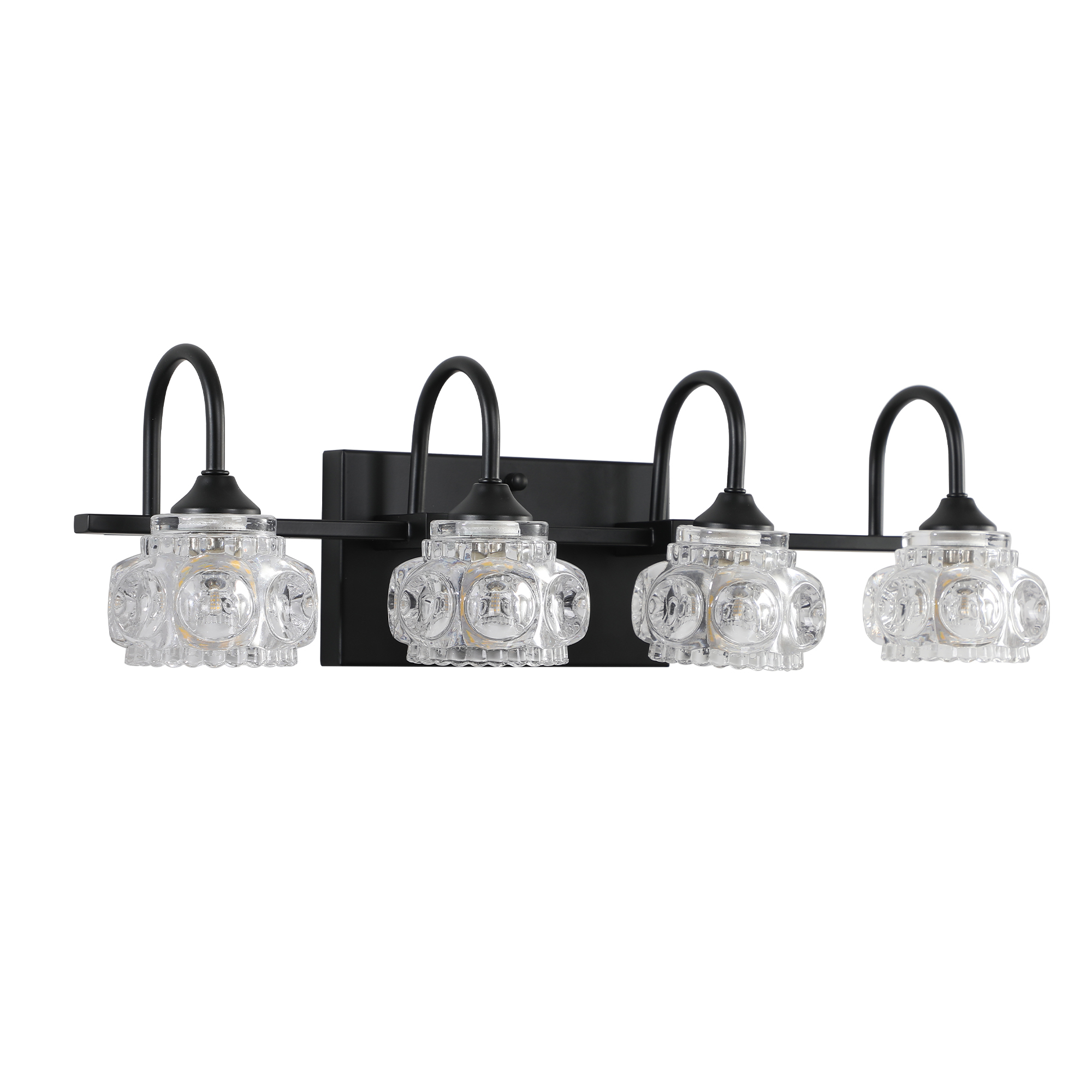 Leumius Retro 4-Light Bathroom Vanity Light Fixture - Black Finish with Crystal Glass Shades, Wall Mounted Lighting for Bathroom, Powder Room, and Vanity Mirror (No Bulbs)