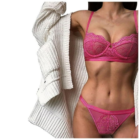 

Qcmgmg Sexy Lingerie Set for Women Lace Babydoll Floral T-back Floral Bra and Panty Set Pink M
