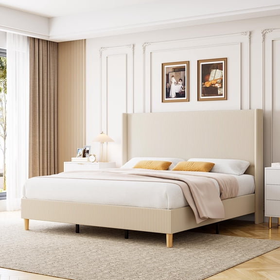 Queen Size Bed Frame. Corduroy Upholstered Queen Bed Frame with Vertical Channel Tufted Wingback Headboard. No Box Spring Needed. Wooden Slats. Noise Free