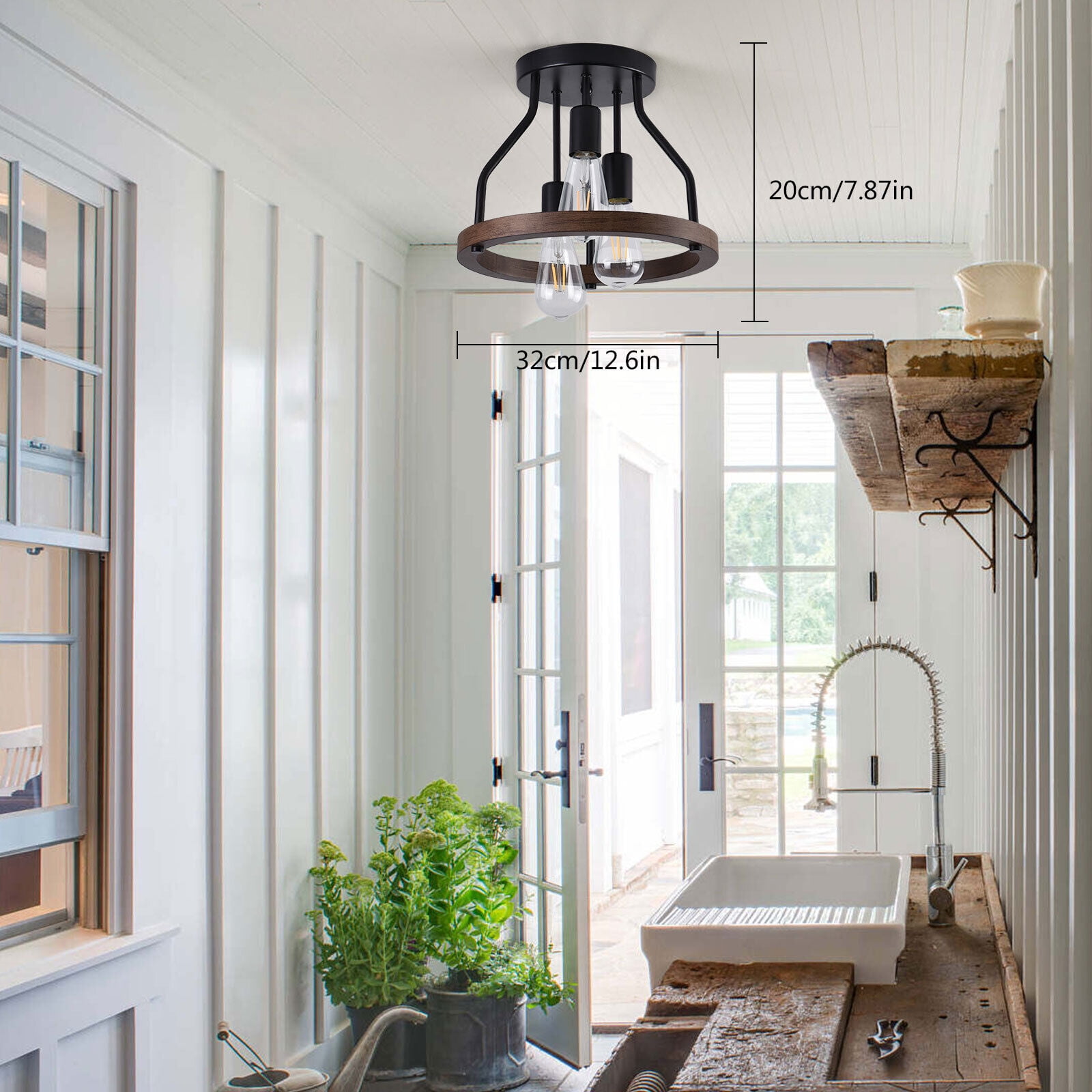 Farmhouse Flush Mount Ceiling Light, 2-Light Rustic Industrial Wood & Black Metal Fixture, E26 Socket, Dimmable, 12.6" for Kitchen, Dining Room, Hallway