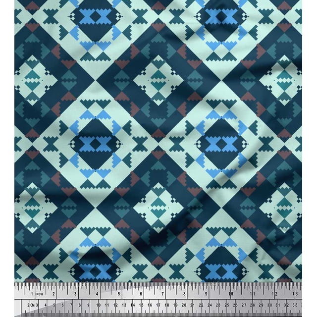Soimoi Green Crepe Silk Fabric Check & Geometric Print Sewing Fabric Yard 42 Inch Wide