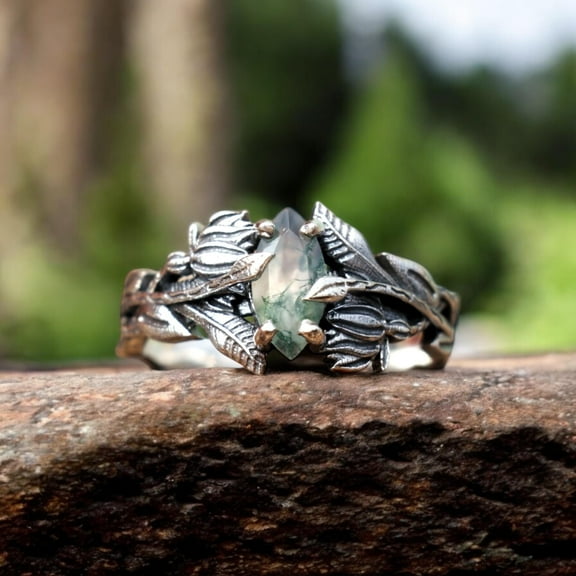 Moss Agate Gemstone Ring, 925 Sterling Silver Ring, Silver Branches Ring, Handmade Ring, Leaves Ring, Unique Design Ring, Gift For Wife,....
