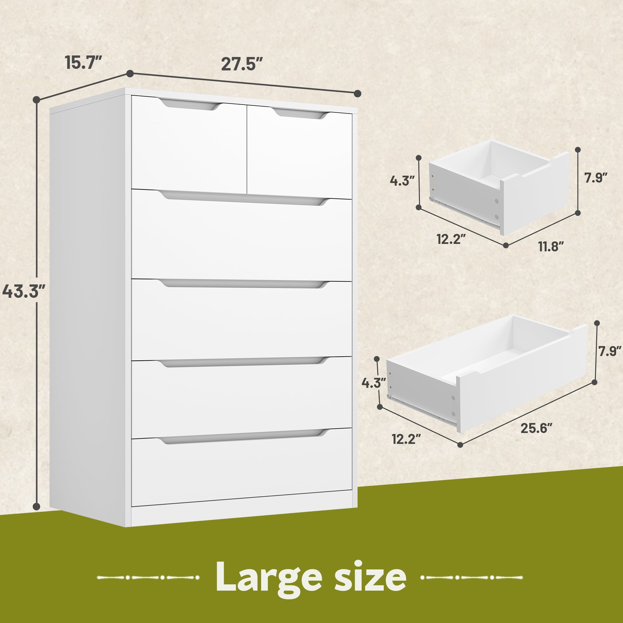 6 Drawer Dresser for Bedroom,Tall Dresser With Deep Drawers,White Wood Chest of Drawers for Bedroom,Hallway,Living Room,Smooth Metal Rail,Modern,43.2"H X 27.6"W X15.6"D