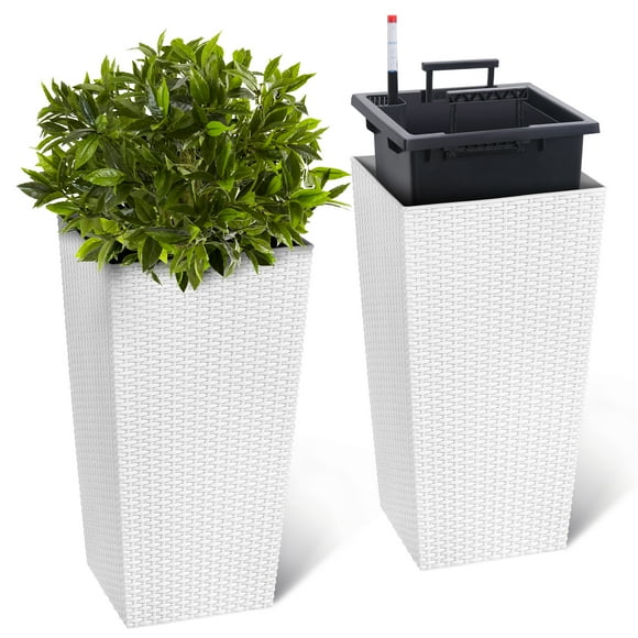 Wicker Planters – Set of 2 Tall Heavy Duty – 22.5" – Removable Liners & Drainage Holes – Outdoor – Patio, Porch, Garden, Backyard & Entryway