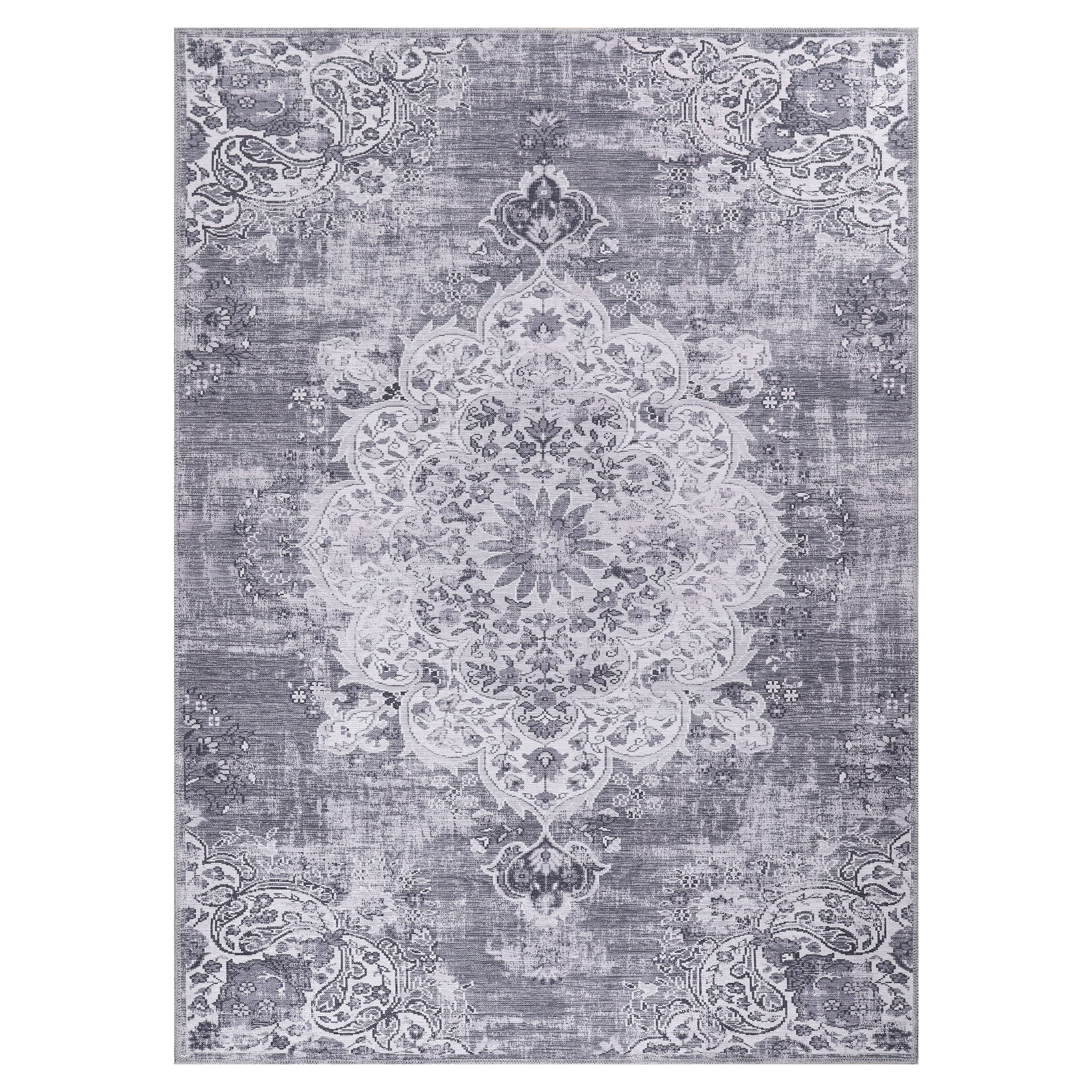 CAMILSON Machine Washable Rug, Distressed Vintage Area Rugs, Stain and Water Resistant, Traditional Bohemian Indoor Carpet (5x7, Grey)
