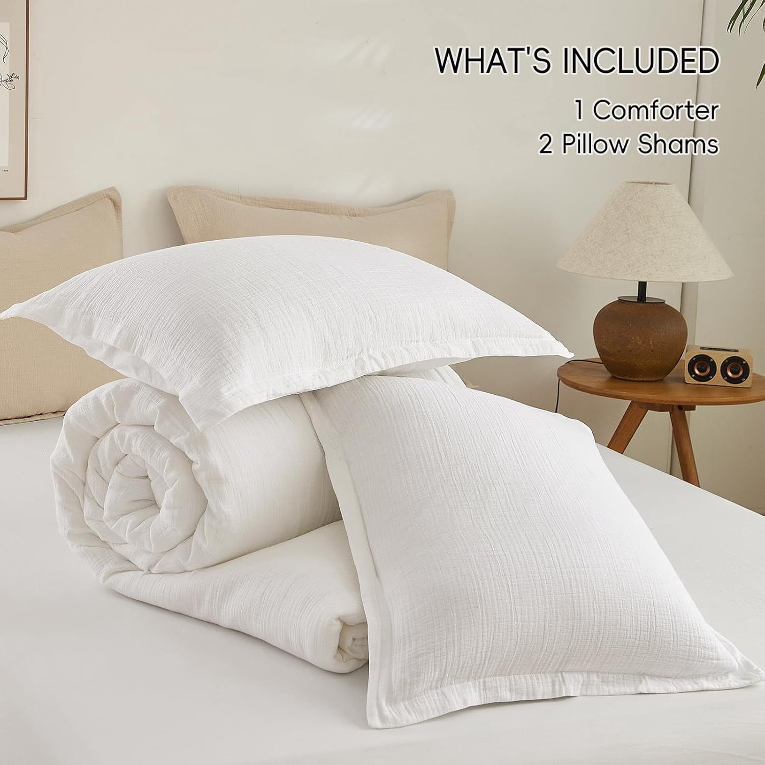 PHF Cotton Muslin Comforter Set King Size, Ultra Soft, Breathable & Lightweight Bedding Set for All Seasons, 1 Comfy Comforter 104"x90", 2 Pillow Shams 20"x36", White