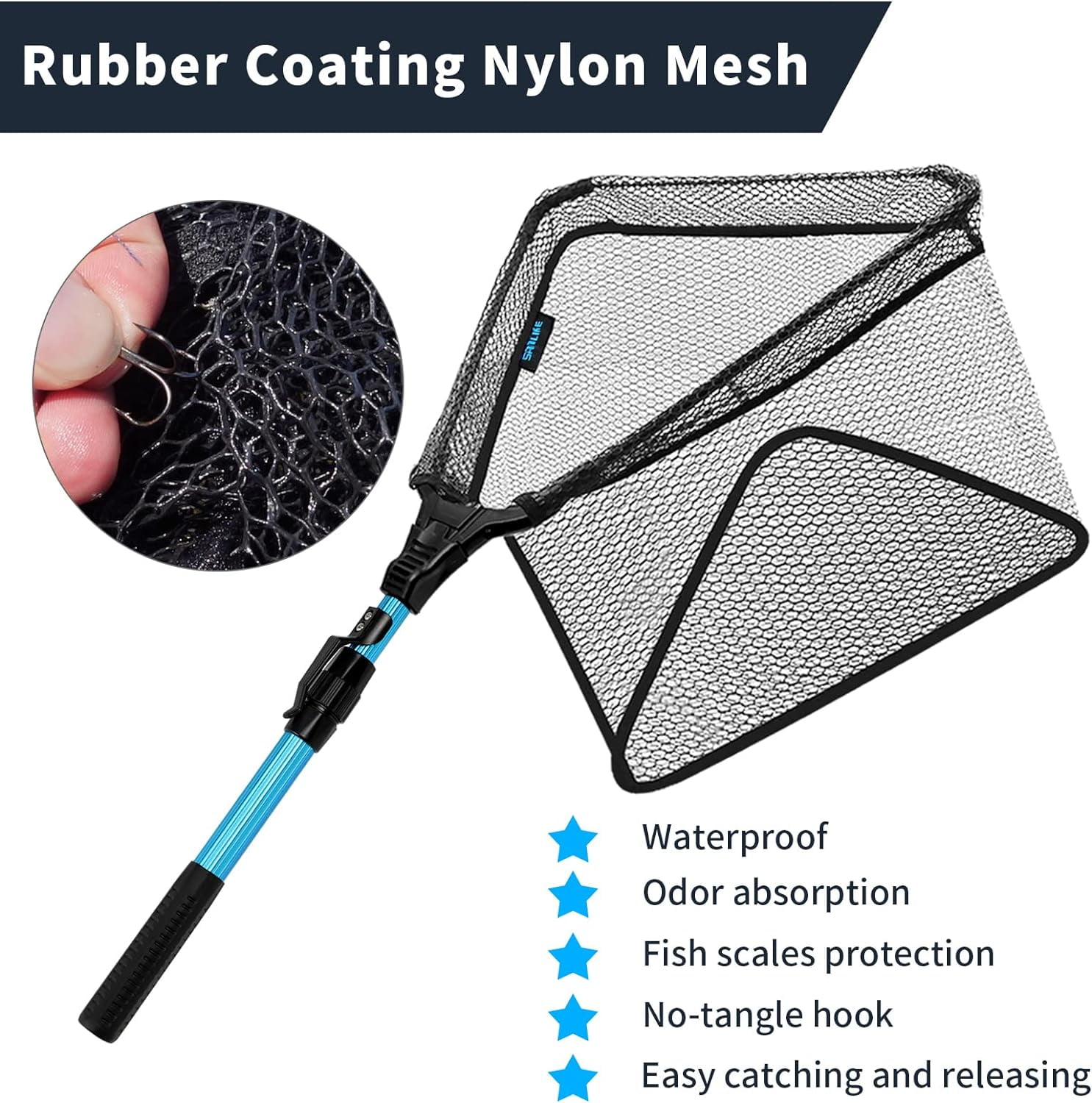 SAN LIKE Fishing Net Fish Landing Nets Collapsible Fly Fishing Telescopic Sturdy Pole Handle for Saltwater Freshwater Extending to 48.4in-89in (Blue-L)
