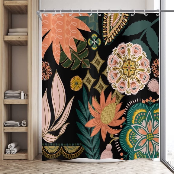 Black Boho Floral Shower Curtain,Abstract Mid Century Tropical Monstera Leaf Eucalyptus Leaves Botanical Plant Retro Bathroom Curtains Waterproof Fabric Washable Bathroom Curtains 72"x72"
