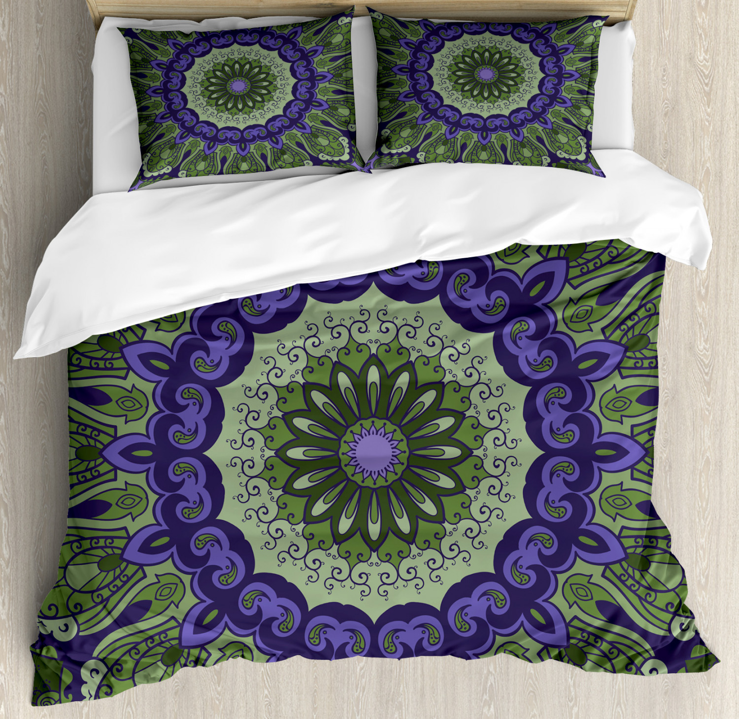 Purple Mandala Queen Size Duvet Cover Set, Ethnic Print with Stylized