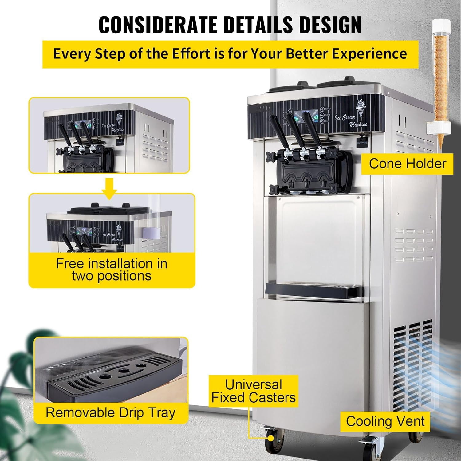 SIHAO Commercial Ice Cream Machine, 2200W Countertop Soft Serve Machine, 3 Flavors Ice Cream Maker, 5.3 to 7.4 Gallons per Hour Auto Clean LCD Panel