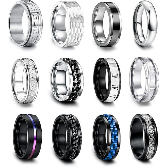 12Pcs Stainless Steel Band Rings for Men Women Cool Fidget Spinning Chain Ring Anxiety Relief Fashion Simple Wedding Engagement Ring Set