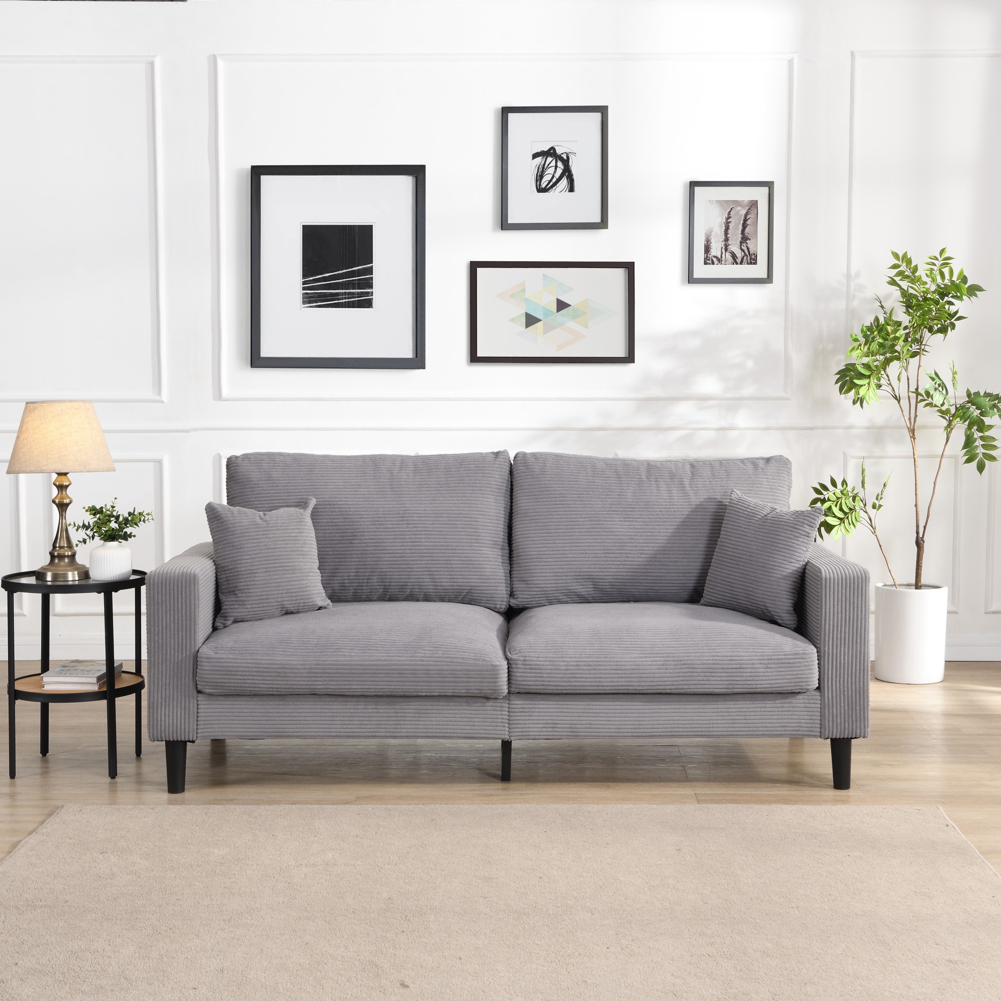 74" Modern Upholstered Sofa Couch,Comfy 3 Seater Sofa with 2 Pillows for Living Room Bedroom Apartment,Light Gray