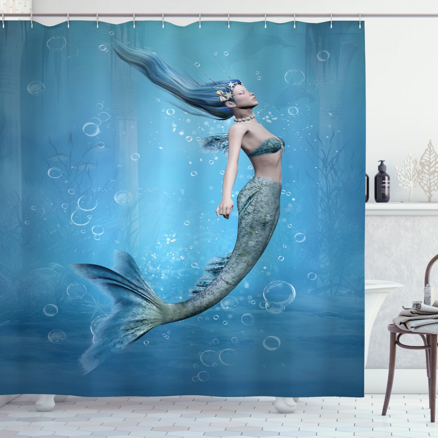Fairy Tales Mermaid Undersea World Waterproof Fabric Shower Curtain Bathroom Set 