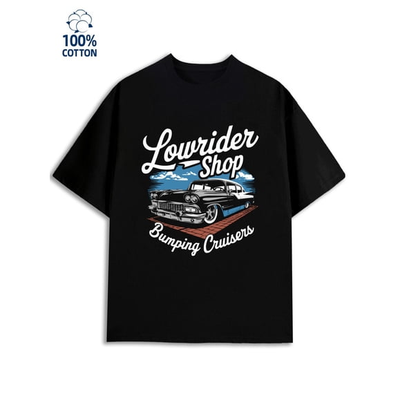 Lowrider Shop T-Shirt mens garage 180G 100% Cotton black gray car Trendy Unisex Shirt Printed tshirts Classic Unisex Shirt Printed tshirts Basic Unisex Shirt Cotton tshirts
