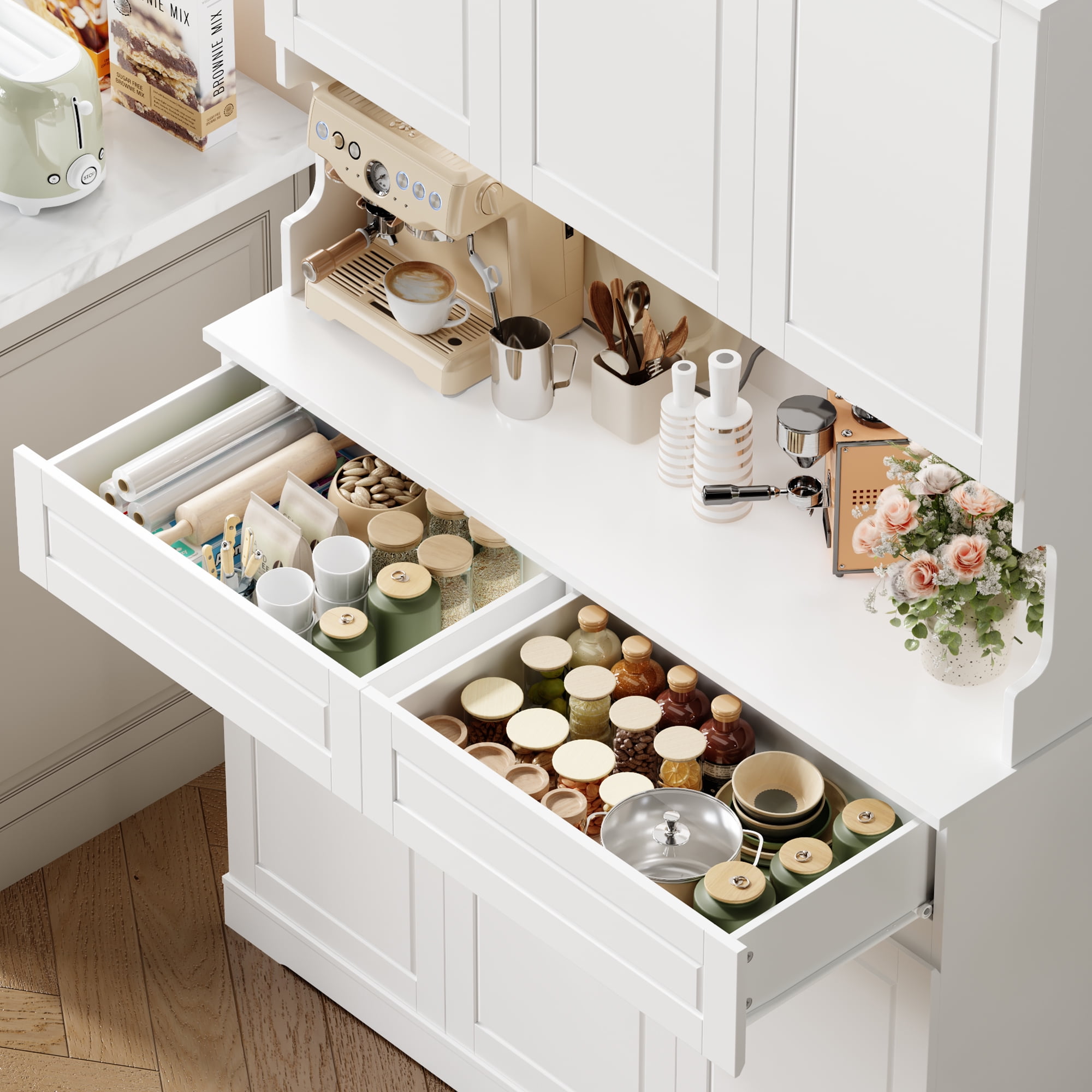 Homfa 73.8”H Pantry Cabinet with 6 Doors and 2 Drawers, Microwave Stand Storage Cabinet with Grooved Handles and Adjustable Shelf for Kitchen Dining Room, White
