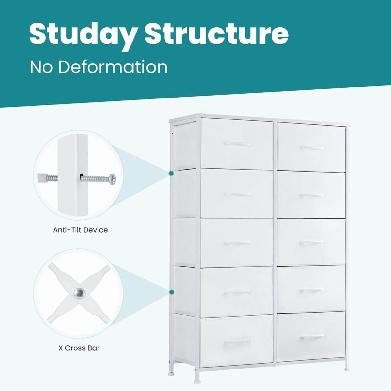 Kelno 10 Drawer Fabric Dresser Storage Tower Chest Organizer with Wood Top Steel Frame, White