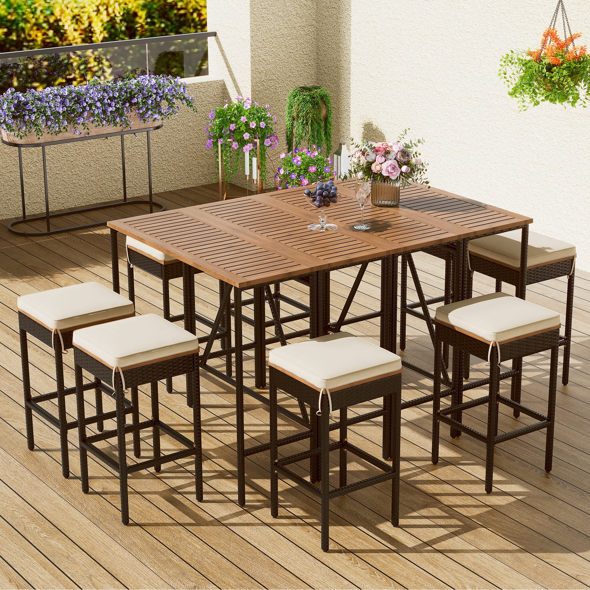 Outdoor Bar Height Dining Set 10-Piece, Acacia Wood Table & 8 Stools with Cushions, PE Rattan Wicker Bistro Set with Foldable Top, Space Saver, Brown