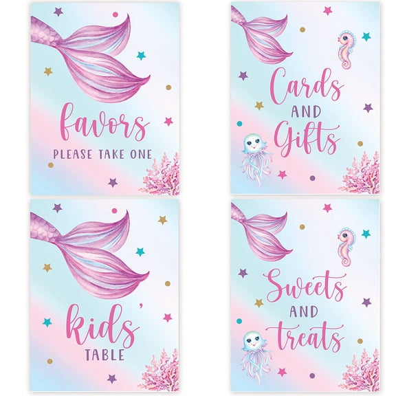 Koyal Wholesale Pastel Mermaid Birthday Party Sign Bundle Set, For Kids Party Decor, 8.5 x 11", 4-Pk, Unframed