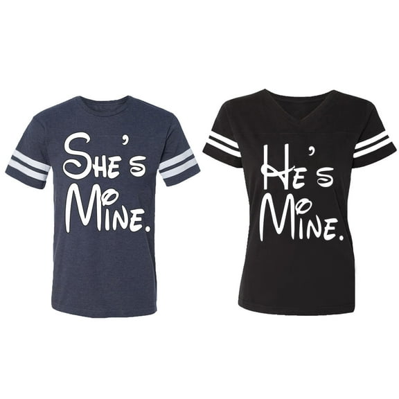 He She Is Mine Matching Couple Cotton Jerseys (Men Navy / Women Black) (Men S / Women S)