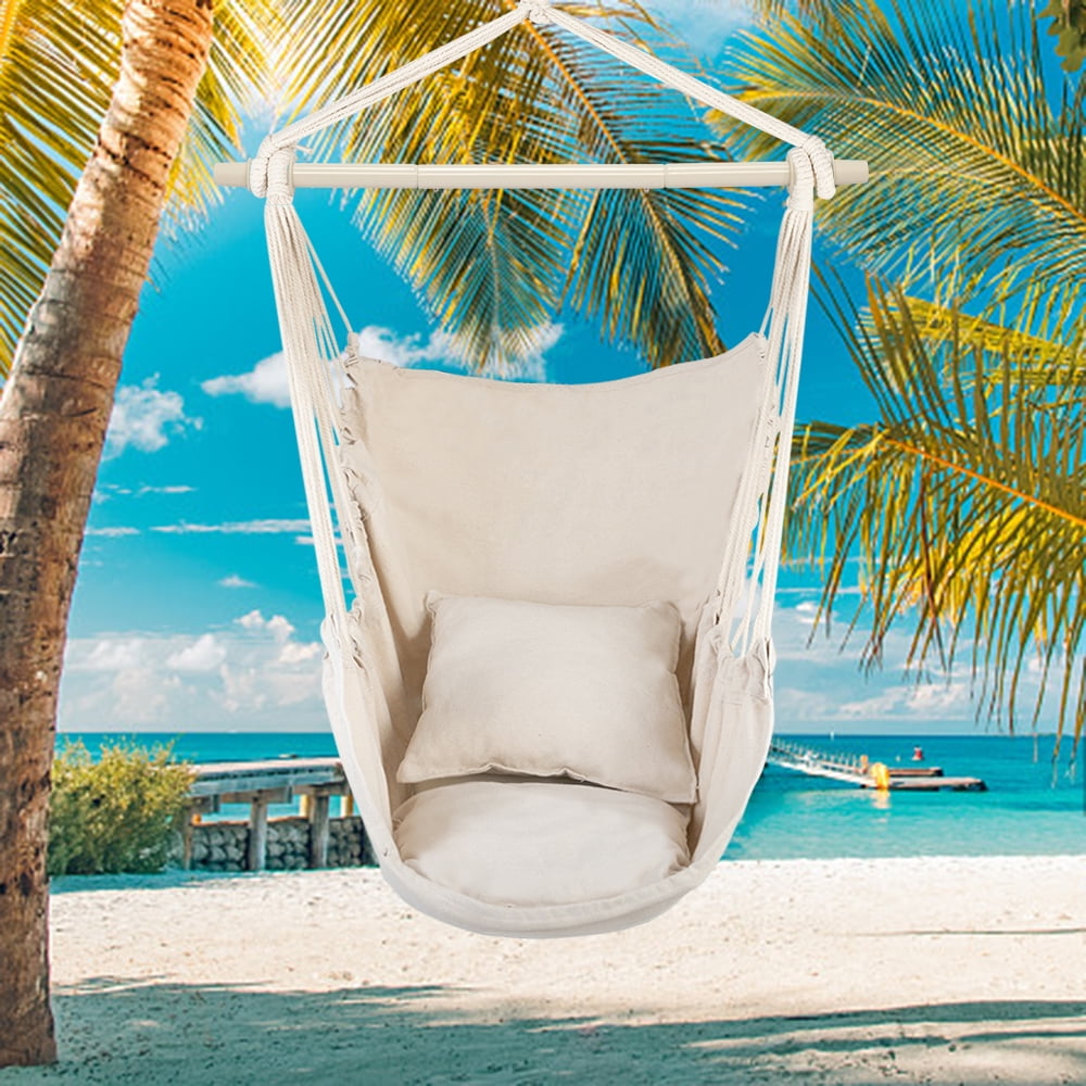 Distinctive Cotton Canvas Hanging Rope Chair with Pillows, Beige