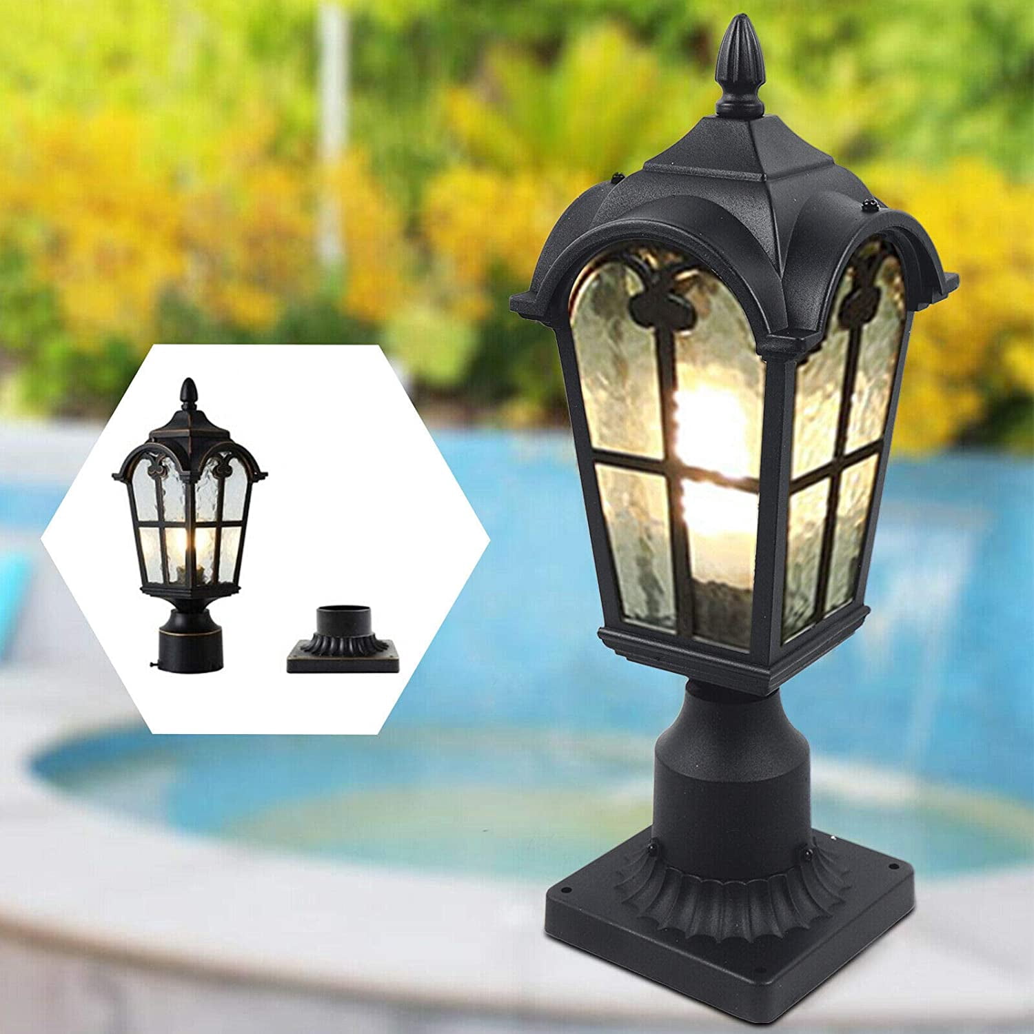 MONIPA Waterproof Aluminum Light 1-Light Outdoor Post Light Post Light Fixture with Water Ripple Glass Shade Black for Path Garden Yard Villa