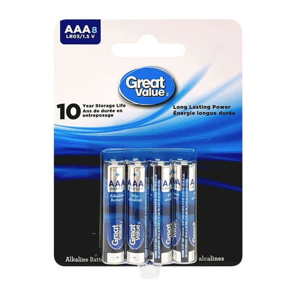 Great Value AAA LRO3/1.5 V Alkaline Batteries 8-Pack, 10-year storage life, Long lasting power guarantee