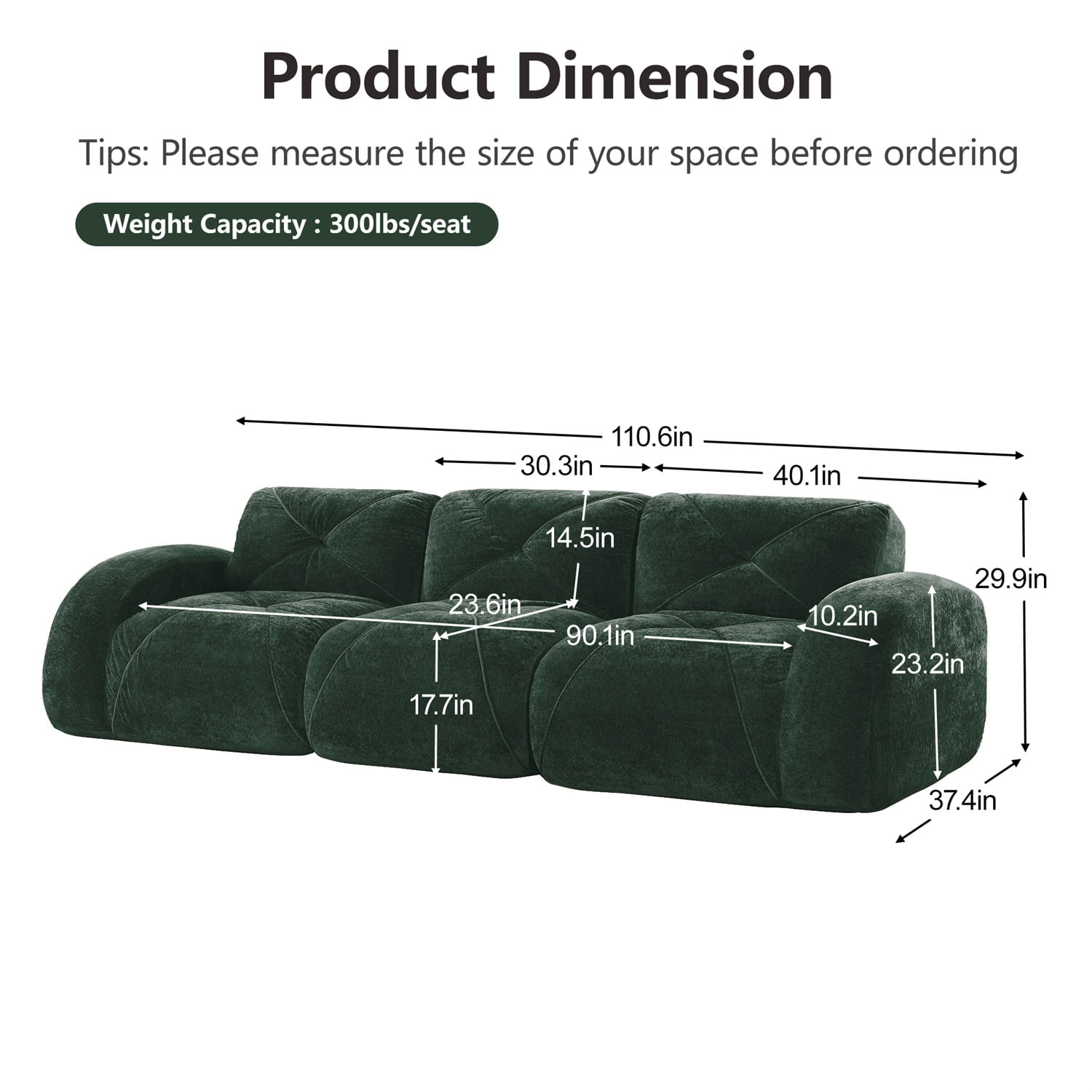 Hommoo 110" Boneless Sofa With Tufted, Luxruious Velvet Fabric Modular Sectional Sofa Couches, for Living Room Apartment, Green