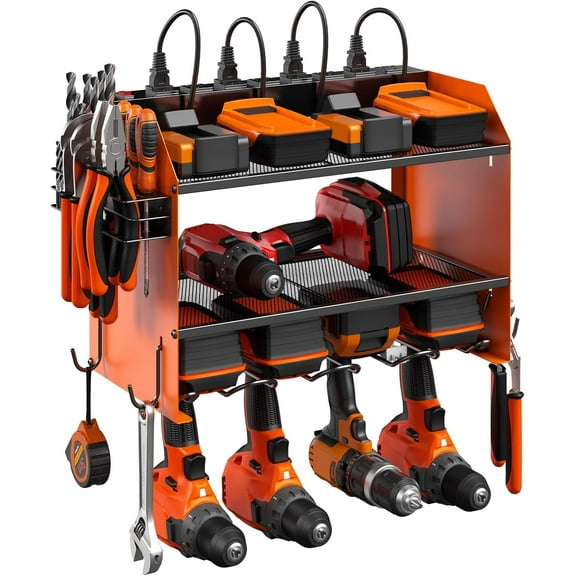 Modular Power Tool Organizer Wall Mount with Charging Station. Garage 4 Drill Storage Shelf with Hooks, Drill Bit Heavy Duty Rack, Orange Tool Battery Holder Built in 8 Outlet Power Strip.