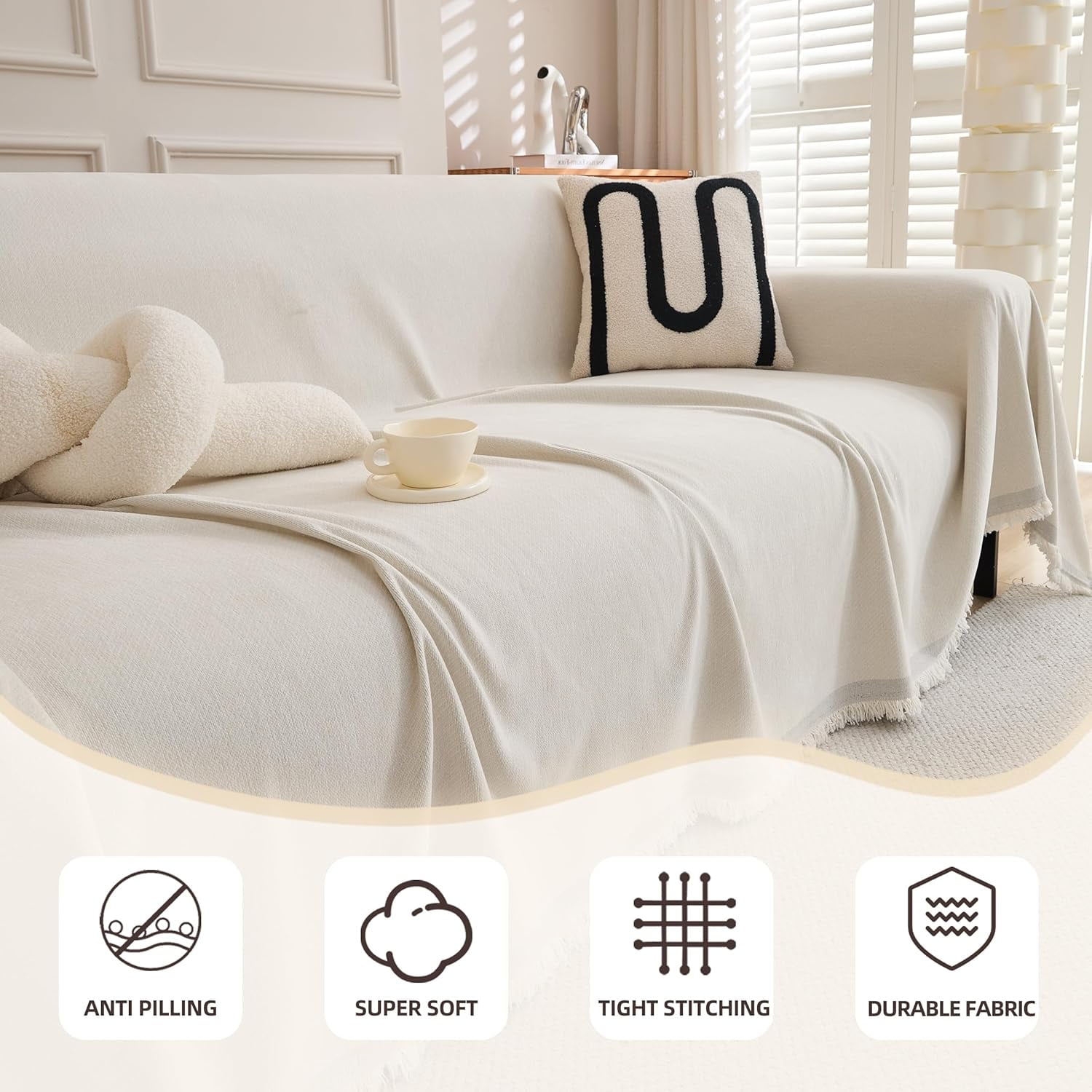 Sectional Cover Couch, Sofa Cover Couch Covers for Sofa, Couch Sofa Covers for 3 Cushion Couch Sofa, Non Slip Soft Couch Sofa Cover, Couch Cover for Dogs Washable Furniture Protector, 71"x134", Beige