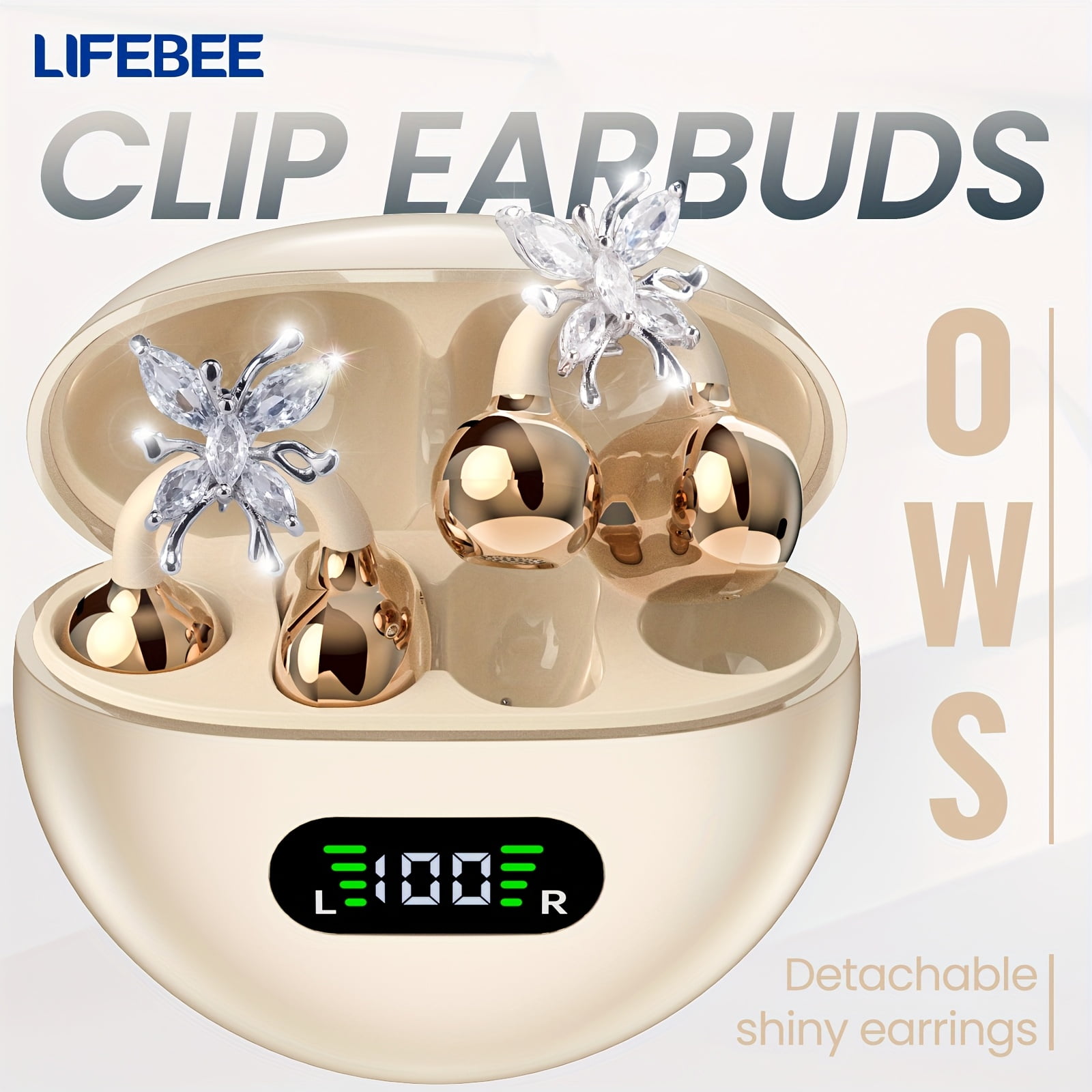 Wireless open earbuds, OWS clip-on earbuds, butterfly earring earbuds, pure stereo sound, suitable for sports/sports/outdoors, wireless earbuds, clip-on earbuds, travel earbuds, fashion earbuds, gift