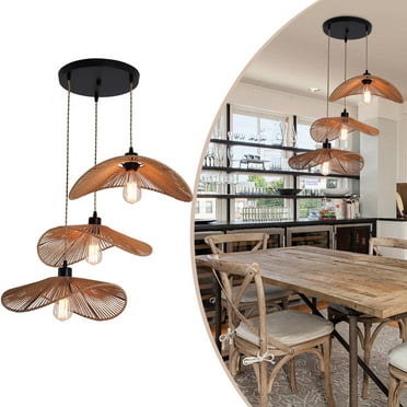Ganeed 3 Lights Rattan Pendant Light, Industrial Black Hanging Lighting, Adjustable Boho Pendant Lighting with Hand Woven Shades for Kitchen Island Living Room Bedroom Foyer Hallway