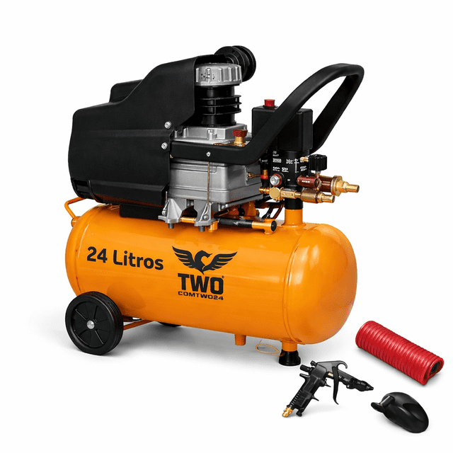 Compresor De Aire CMTWO24 I Capacidad De 24 Litros I Incluye Pistola De Gravedad, Manguera Y Conector Rápido I Velocidad De Vacío: 3450/min I Potencia: 1500w I Frecuencia: 60 Hz Amarillo