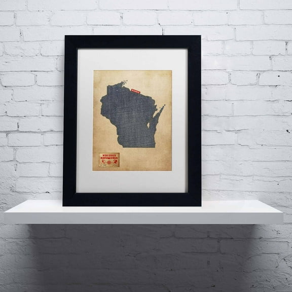 Trademark Fine Art "Wisconsin Map Denim Jeans Style" Canvas Art by Michael Tompsett, White Matte, Black Frame