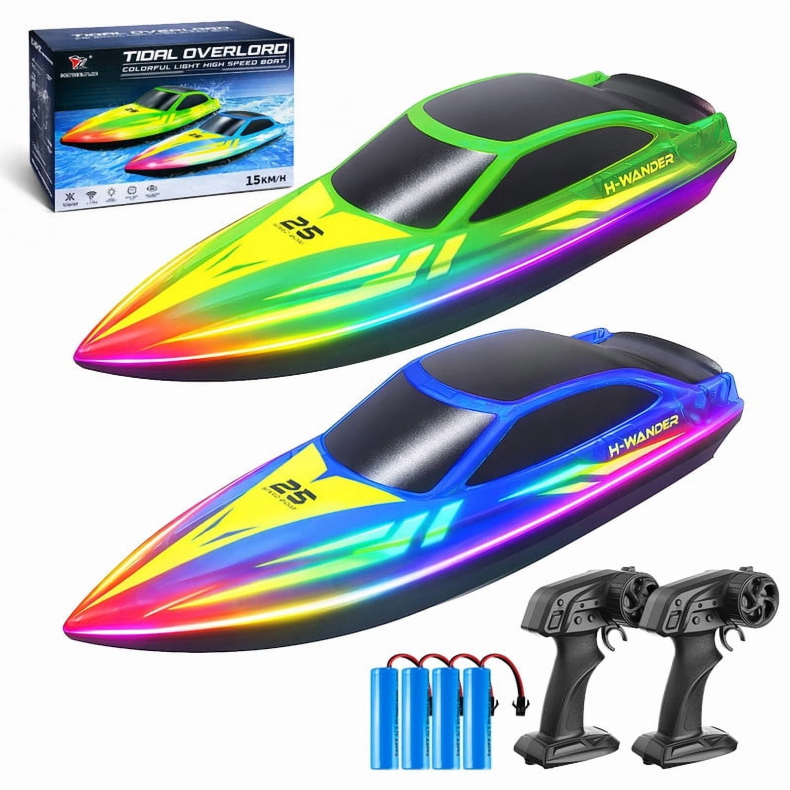 Zeemoto 2 Pack 10 Inch RC Boats, 15 KM/H Remote Control Boats, 4 Batteries, 7-Mode LED Lights, 3 Speeds, Auto Flip, for Kids & Adults