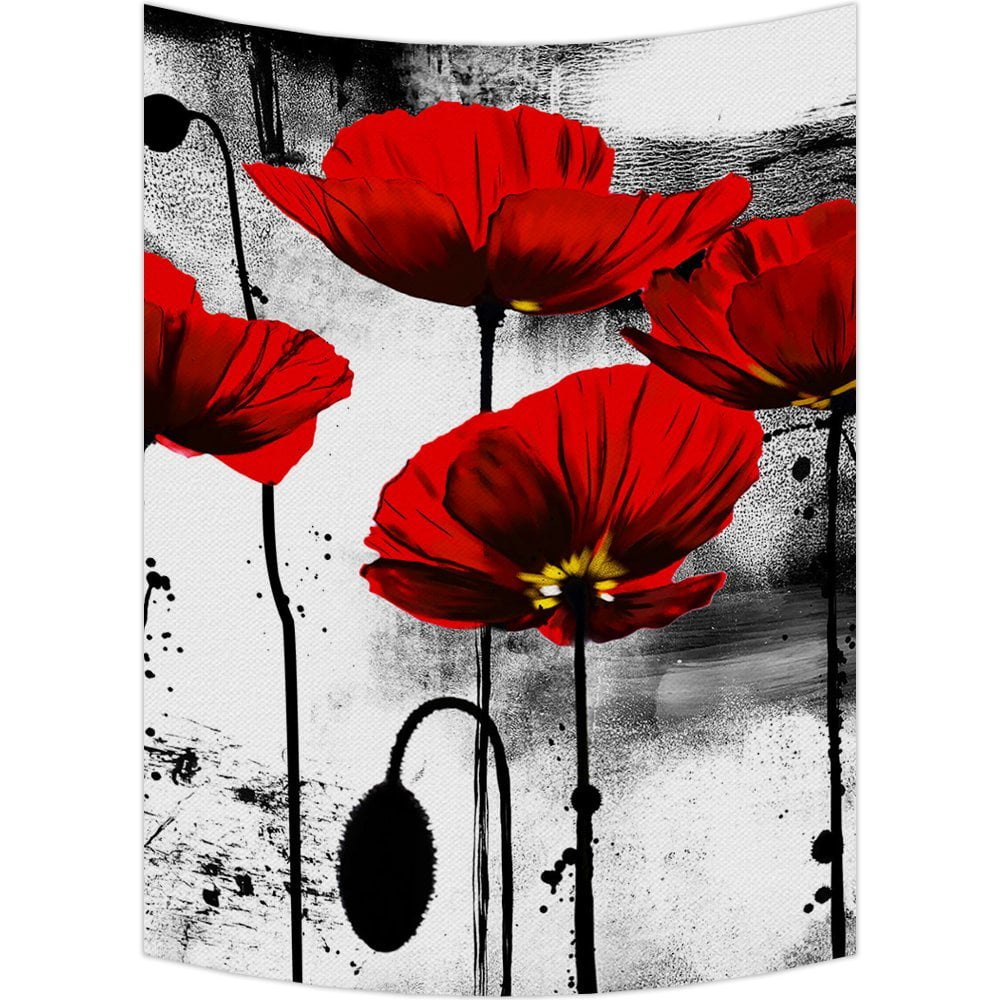 GCKG Vintage Red Poppy Flower Ink Painting Art Tapestry Wall Hanging