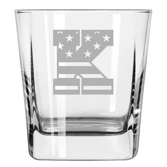 12oz Square Base Rocks Whiskey Glass American Flag Monogram (K)
