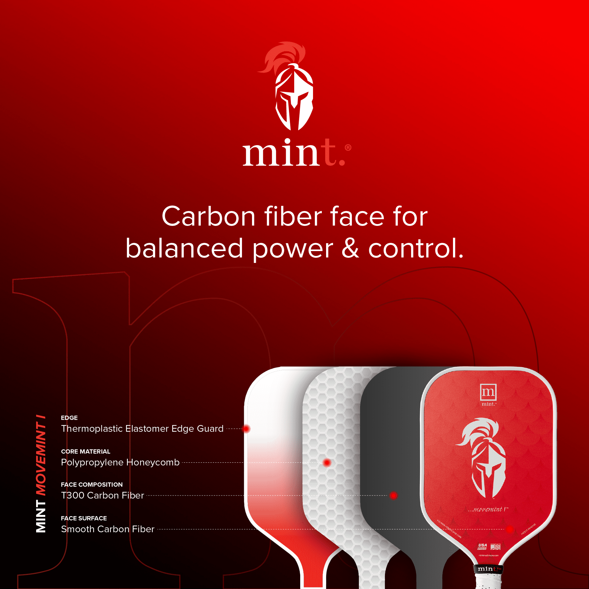 Mint Sport Carbon Fiber Pickleball Paddle Mint Movemint I – 16mm Polypropylene Core, Midweight Cold Pressed with Smooth Surface, TPE Edge Guard, USAPA Approved – Power & Control for All Skill Levels