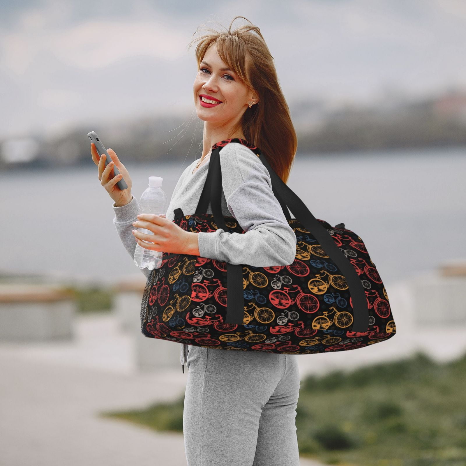 Kdxio Compass And Mountains In Bicycle Wheels1 Travel Duffel Bag Gym Bag Weekender Travel Bag Gym Bag for Women &Men Airplane Travel Essentials for Flying