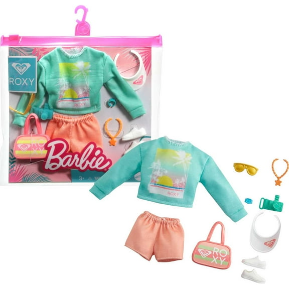 Barbie Storytelling Fashion Pack Inspired by Roxy: Sweatshirt with Roxy Graphic, Orange Shorts & 7 Beach-Themed Accessories for Barbie Doll