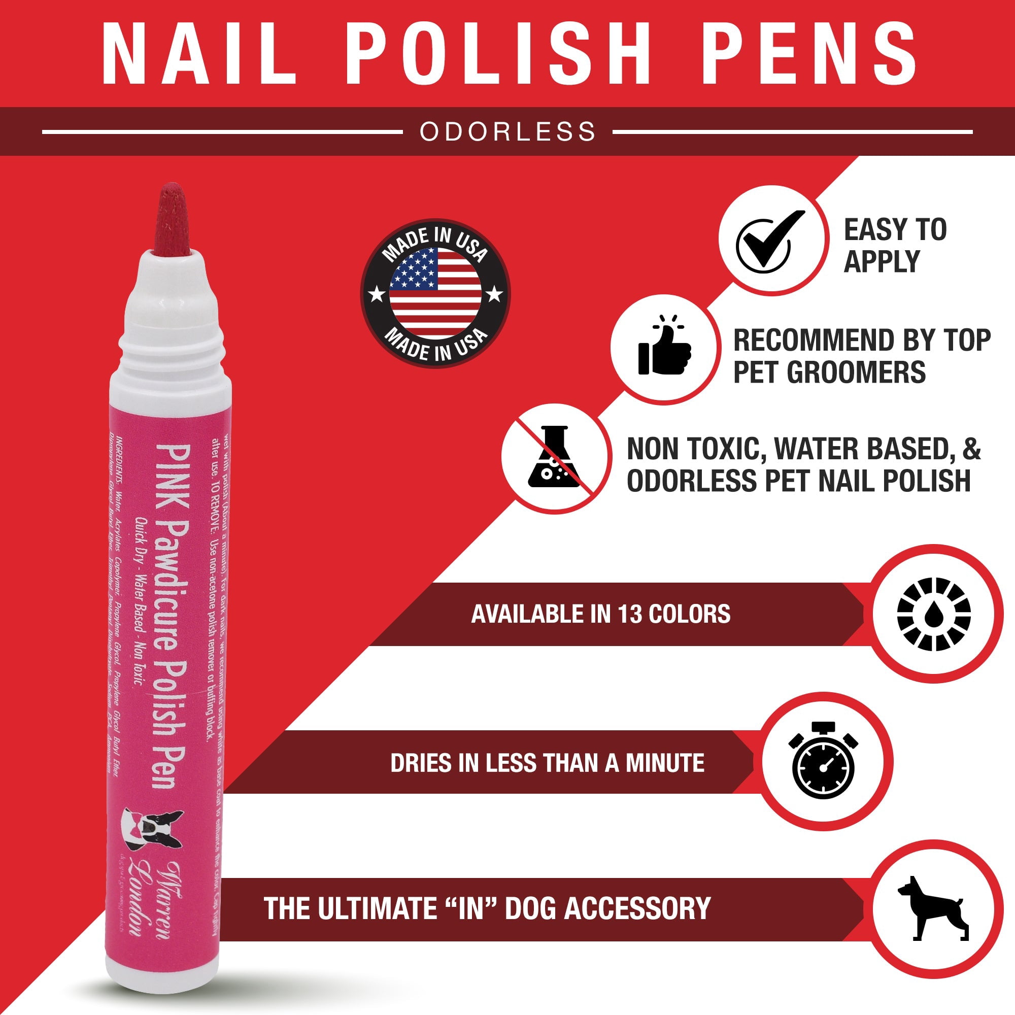 Warren London Pawdicure Dog Nail Polish Pens | Made in USA | Quick Dry, Low Odor, Non-Toxic | Dries in Under 45 Seconds | 13 Colors