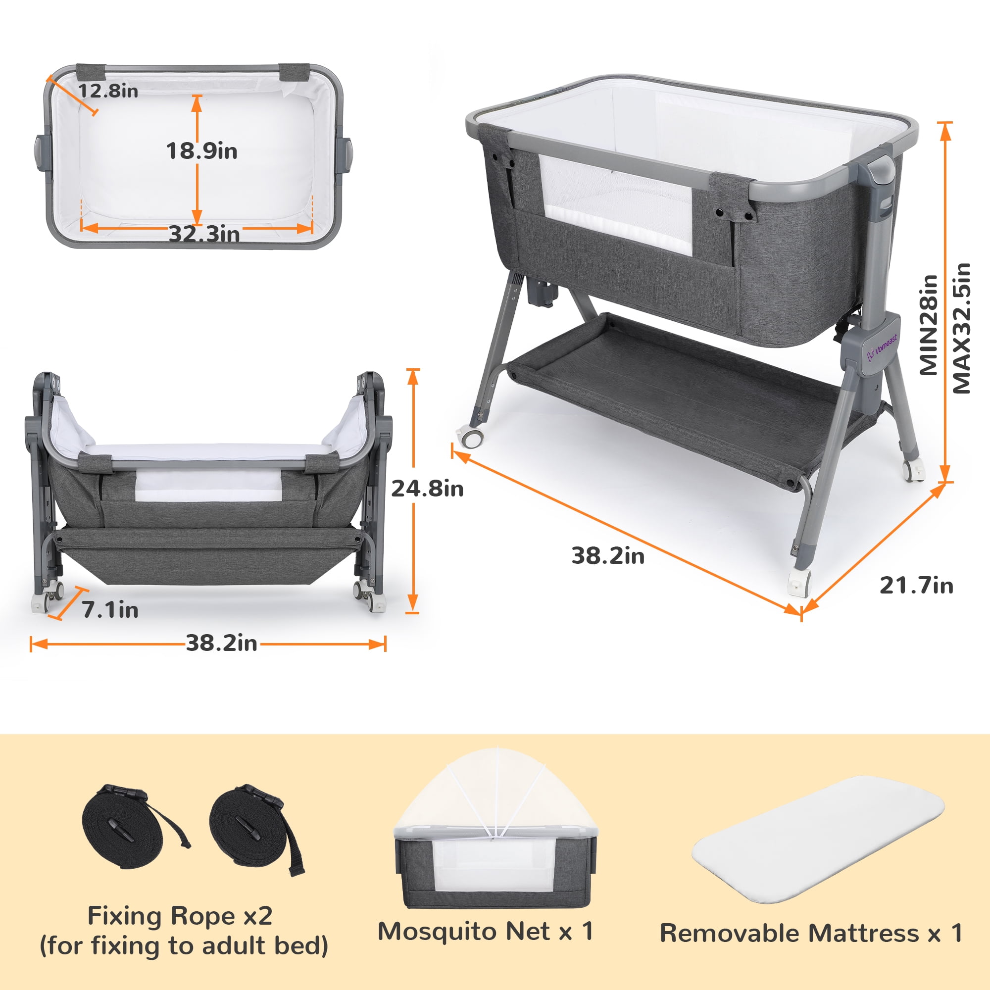 Vomeast Baby Bassinet Bedside Sleeper with Wheels, Adjustable Height, Dual-Lock, Storage Bag for Newborns Infants, Gray