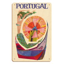 Portugal - Windmill Mother of the Waters (Mae das Aguas) - Vintage Travel Poster by David Klein c.1960s - 8 x 12 inch Vintage Wood Art Sign