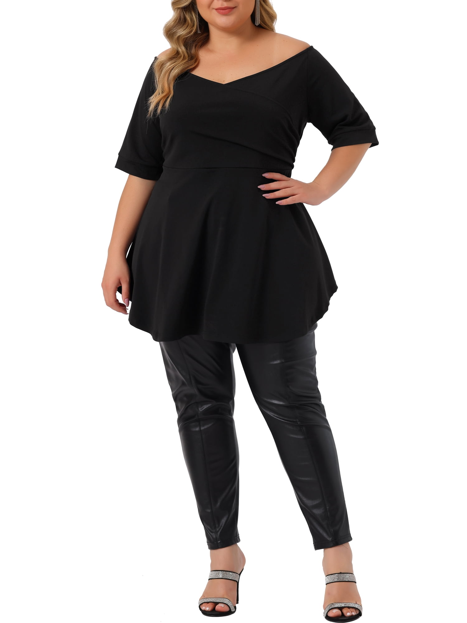 Unique Bargains Women's Plus Size Blouse V Neck Faux Wrap Short Sleeve Peplum Top Blouses Black 2X