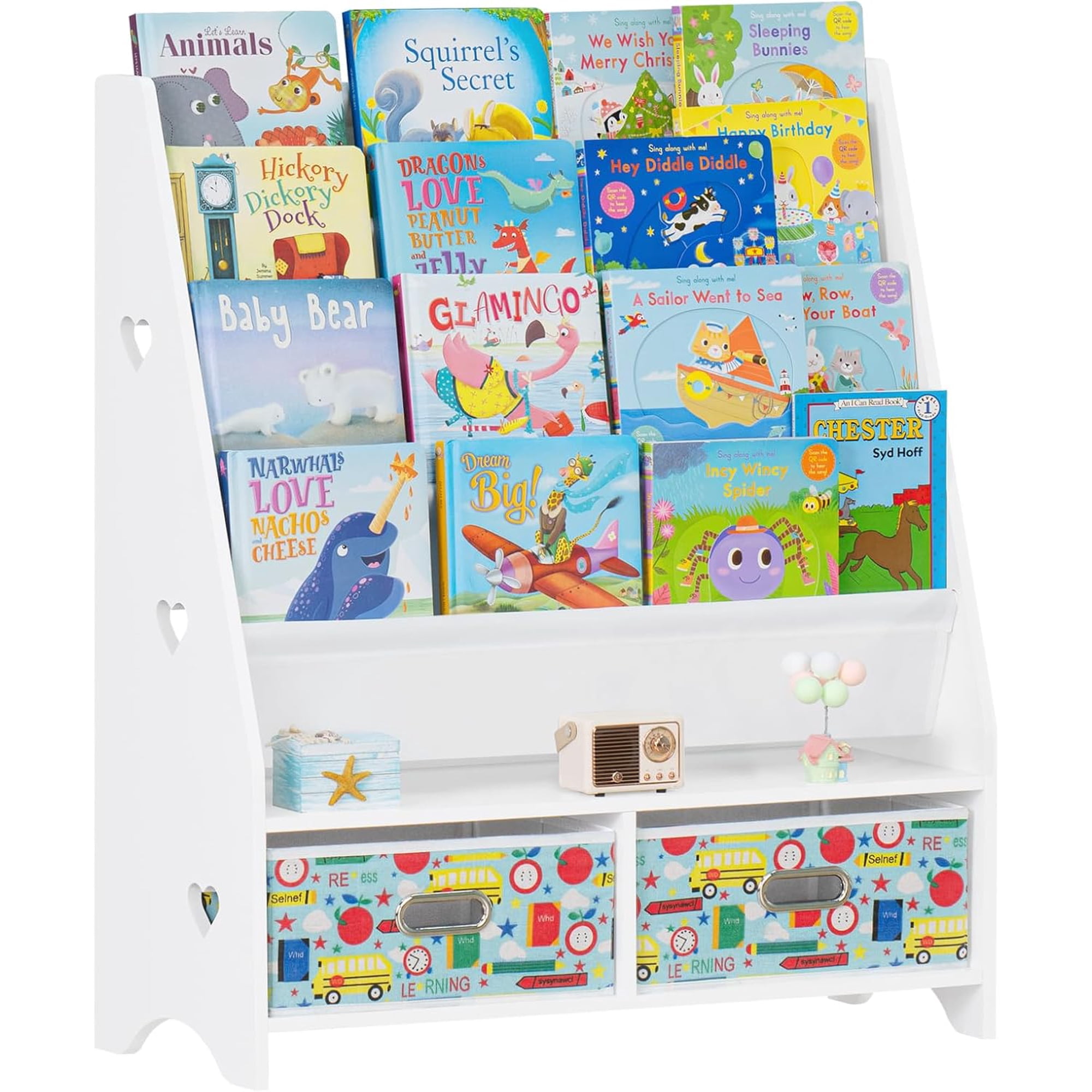 XYGOO 5 Tier Kids Bookshelf, White Children Sling Book Shelf with 2 Drawers, Baby Toddler Wooden Bookcase and Book Rack, Display Shelves Storage Organizer for Classroom, Playroom, Bedroom, Nursery