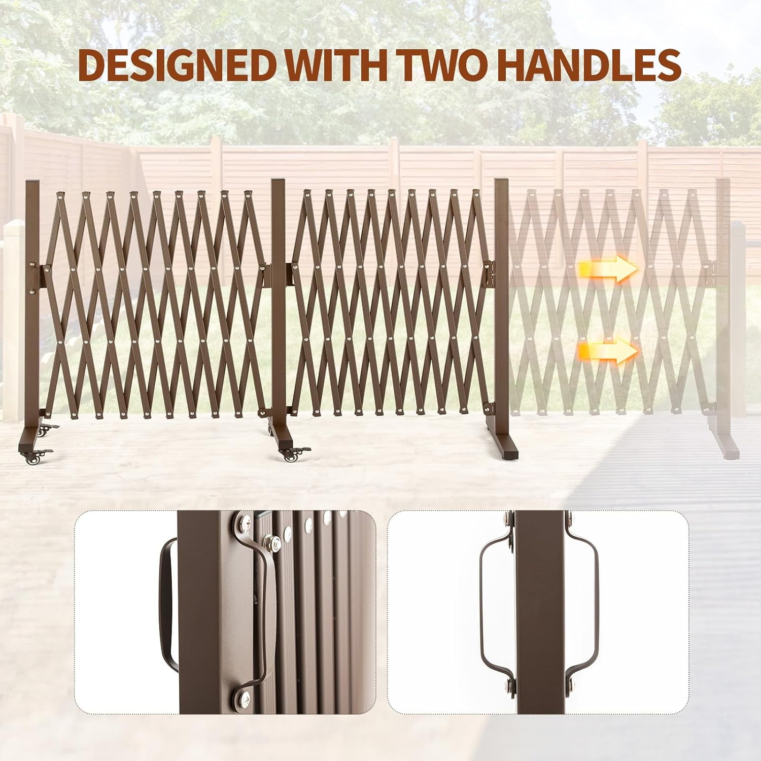 Aluminum Expandable Garden Fence, Portable Barricade Gate with Casters, Adjustable Retractable Fence Mobile Barricade Safety Barrier (Brown, 201×15×41 inch)