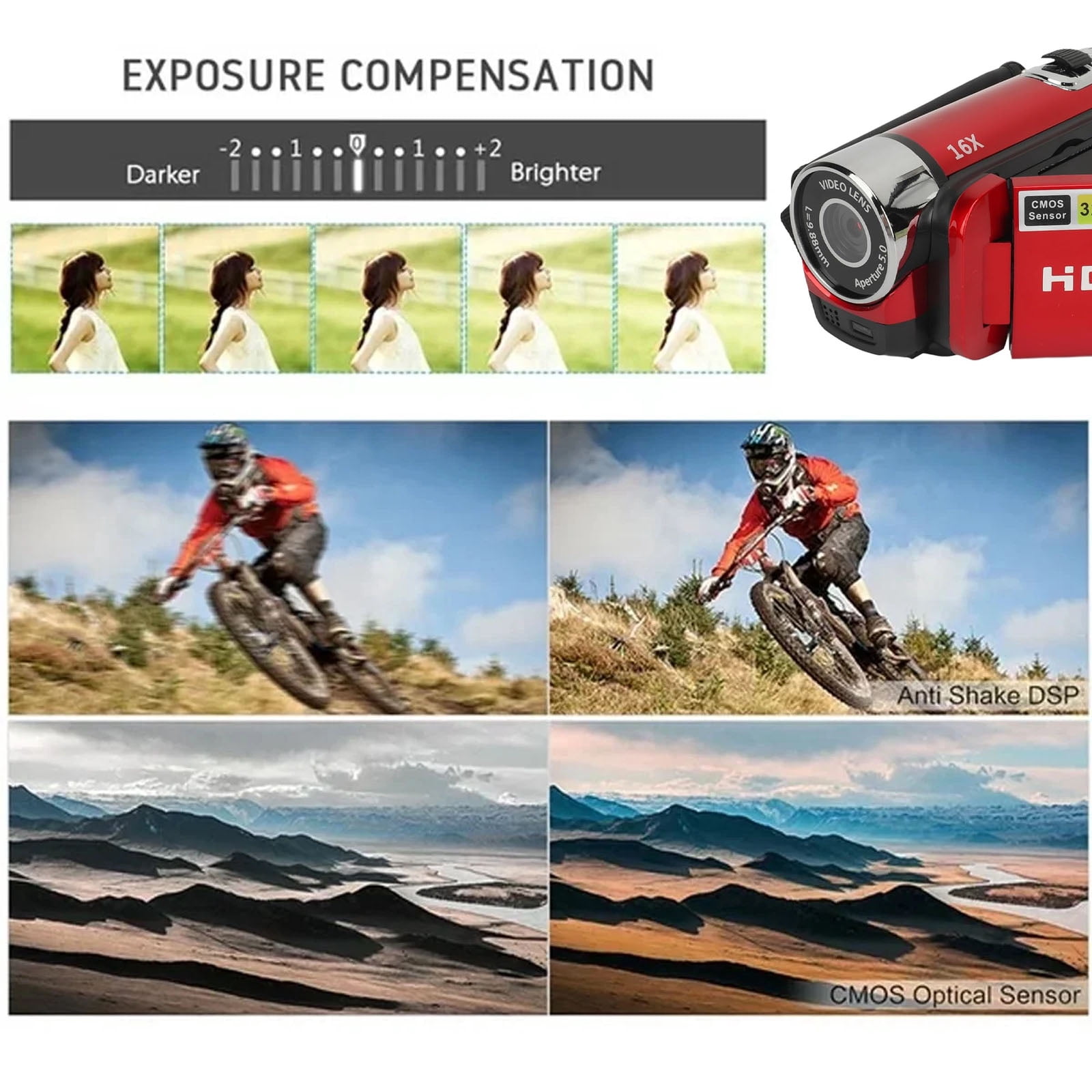 Portable Full HD 1080P High Definition Digital Video Camera, DV Camcorder Camera Recorder, 16MP 2.7 Inch LCD Screen 16X Digital Zoom, 270° Rotation, Red