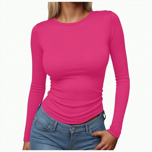 Splozh Chandails à Manches Longues pour Femmes T-Shirts Saison de Noël Chandails de Noël Chandail de Noël pour Femmes Hauts à Col Rond Graphique de Noël Rose Vif, TG
